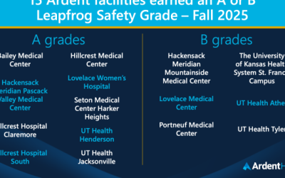 Listing of 15 Ardent facilities that earned an A or B Leapfrog grade